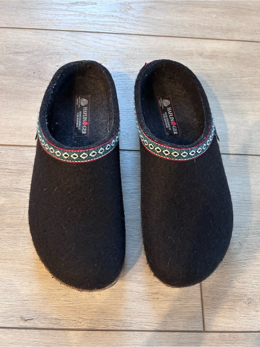 Haflinger Grizzly Black Wool Clogs Bavarian Trim Boiled Wool ArchSupport Comfort